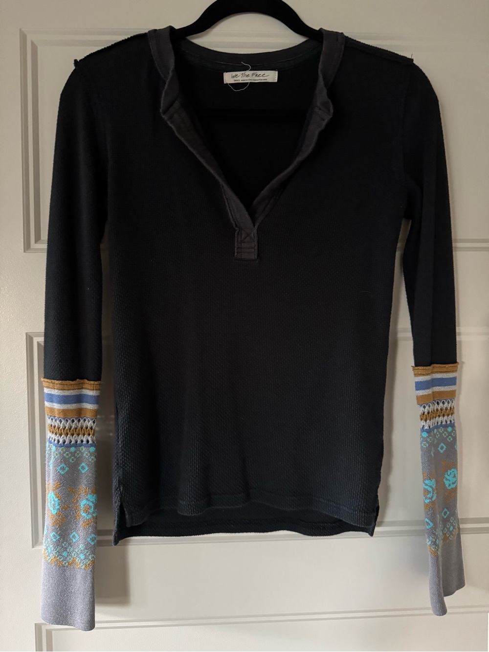 We The Free Black Henley Long-Sleeve Top with Patterned Cuffs